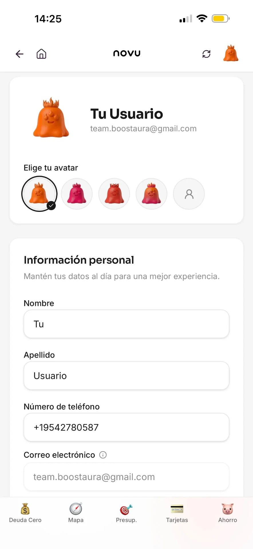 Perfil de usuario de novu con avatares e información personal