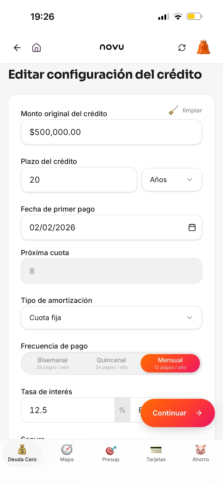 Configuración del crédito en Deuda Cero Pro