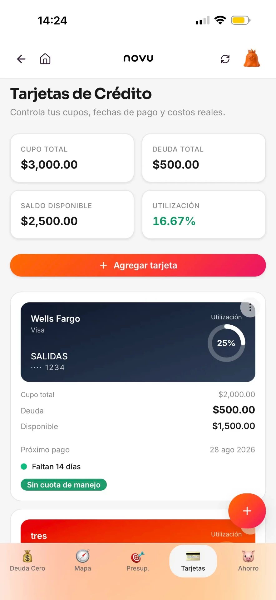 Control de tarjetas de crédito en novu con cupos y próximos pagos