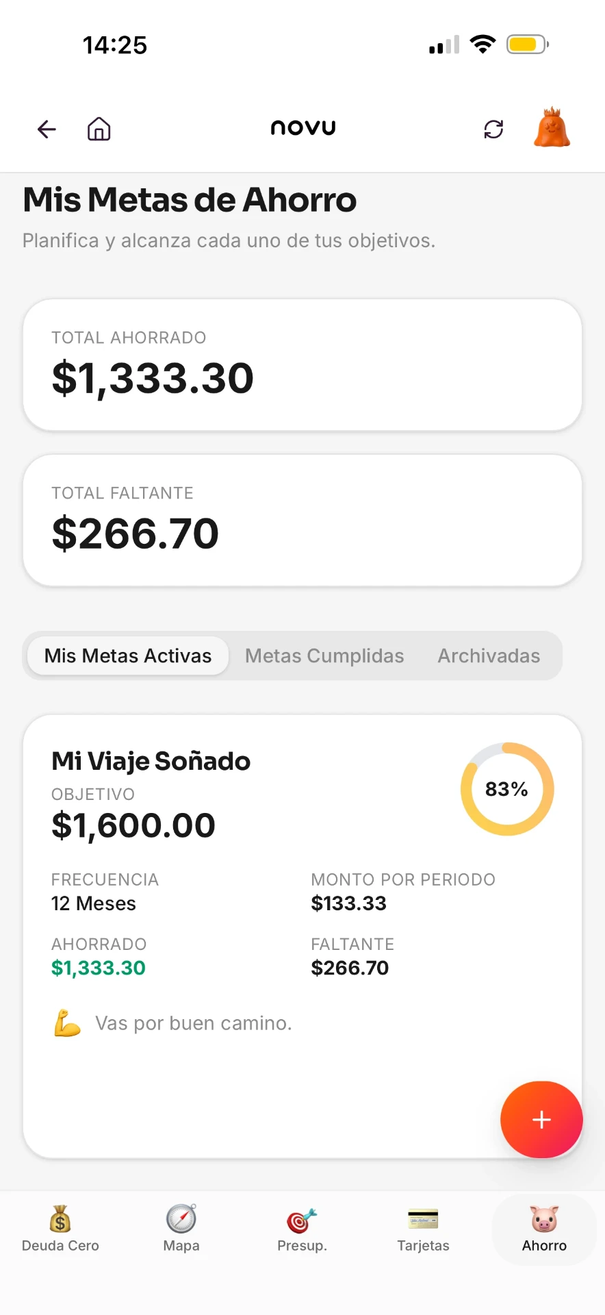 Metas de ahorro de novu con progreso por objetivo