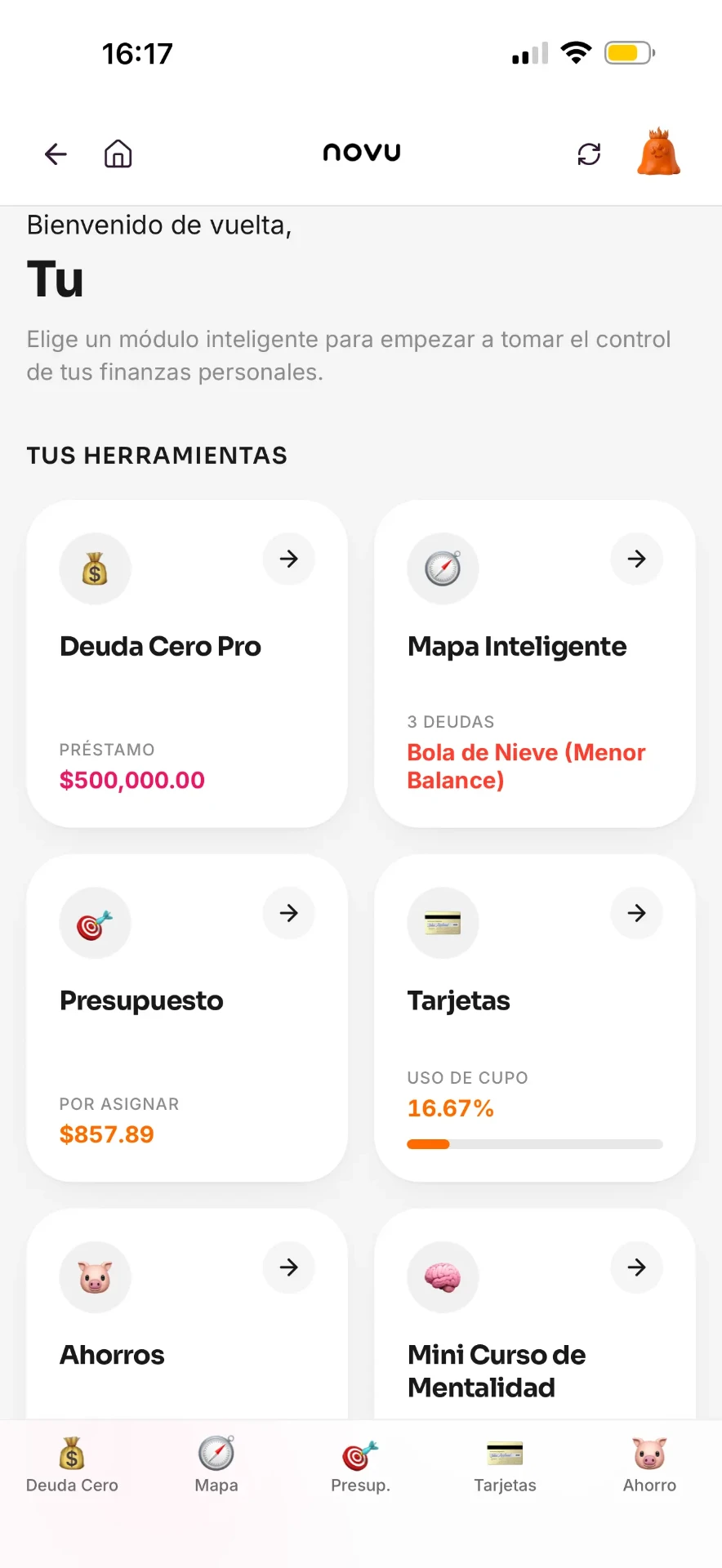 Pantalla de inicio de novu con todas tus herramientas