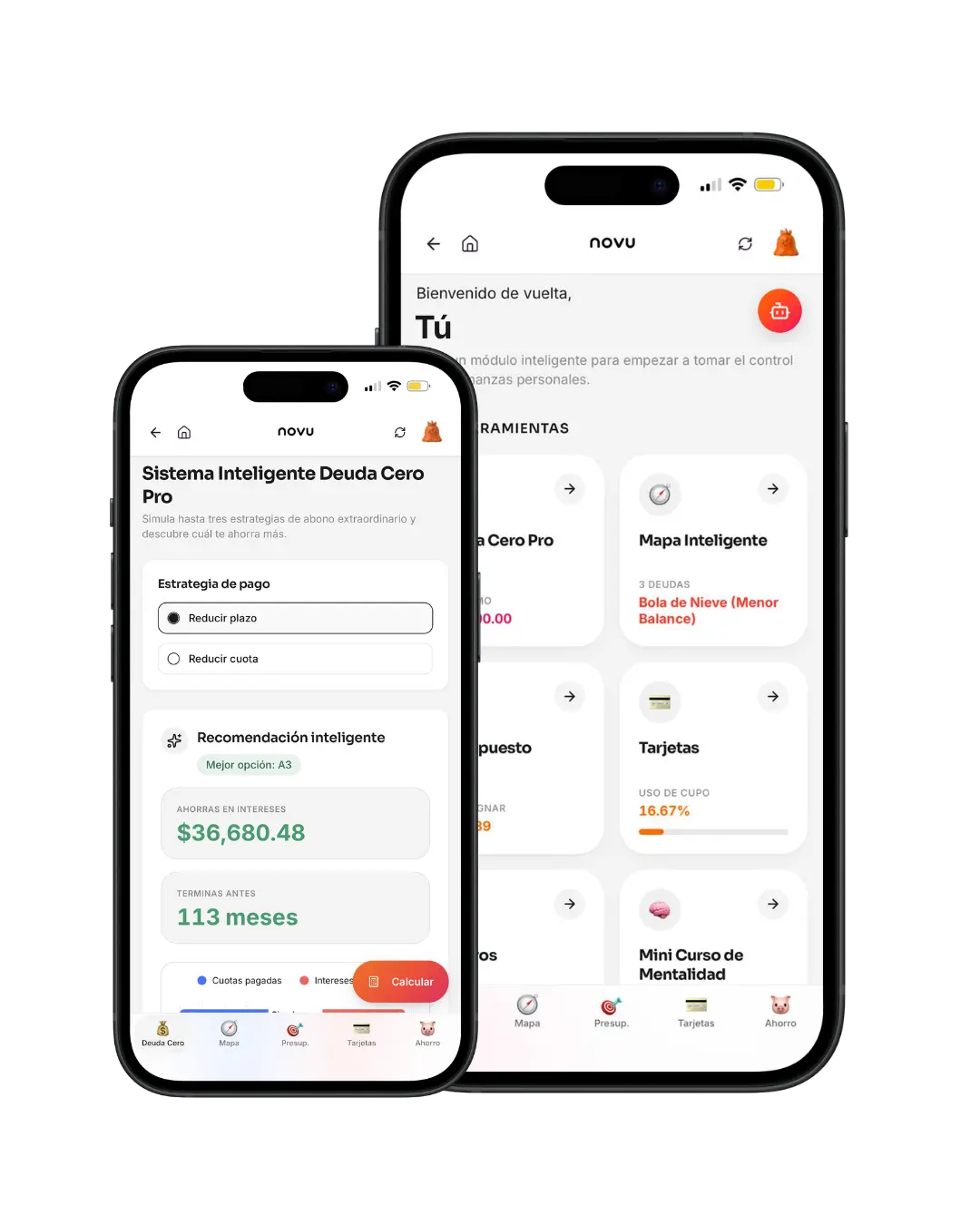 Dos iPhones mostrando los módulos y recomendaciones de la app Novu