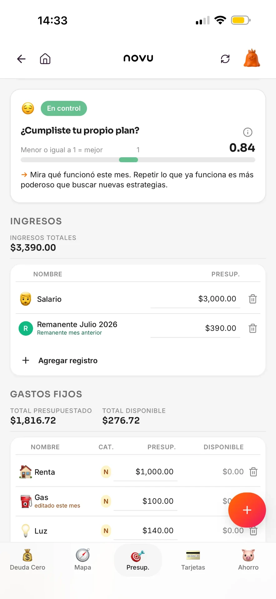 Detalle de ingresos y gastos fijos del presupuesto