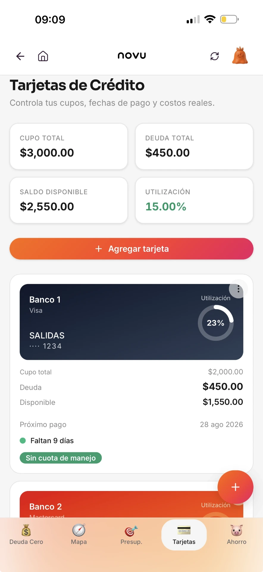 Control de tarjetas de crédito en novu con cupos y próximos pagos